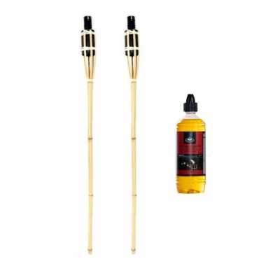 2x bamboe tuinfakkel 90 cm inclusief bio citronella lampolie/fakkelolie 750 ml