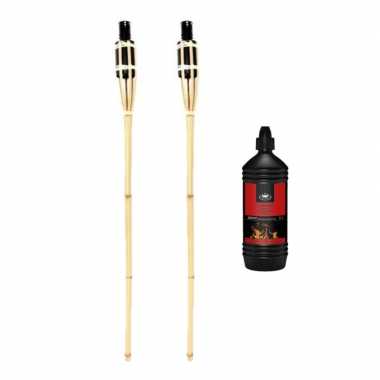 2x bamboe tuinfakkel 90 cm inclusief heldere lampolie/fakkelolie 1 liter