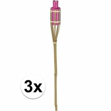 3x bamboe tuinfakkel roze 65 cm