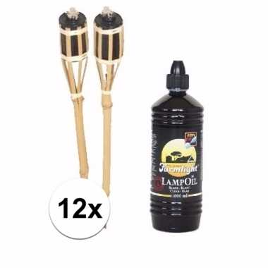 Bamboe tuinfakkels set 12 stuks 61 cm met fakkelolie 1 l