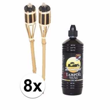 Bamboe tuinfakkels set 8 stuks 61 cm met fakkelolie 1 l